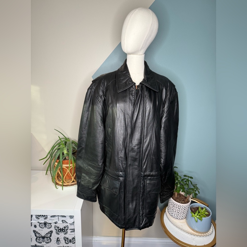 90s Minimalist Black Leather Field Jacket London Fog Utility Coat Lined S - Picture 2 of 15